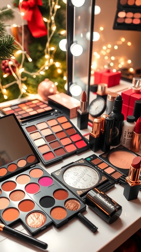 A vibrant makeup setup with festive colors and holiday decorations.